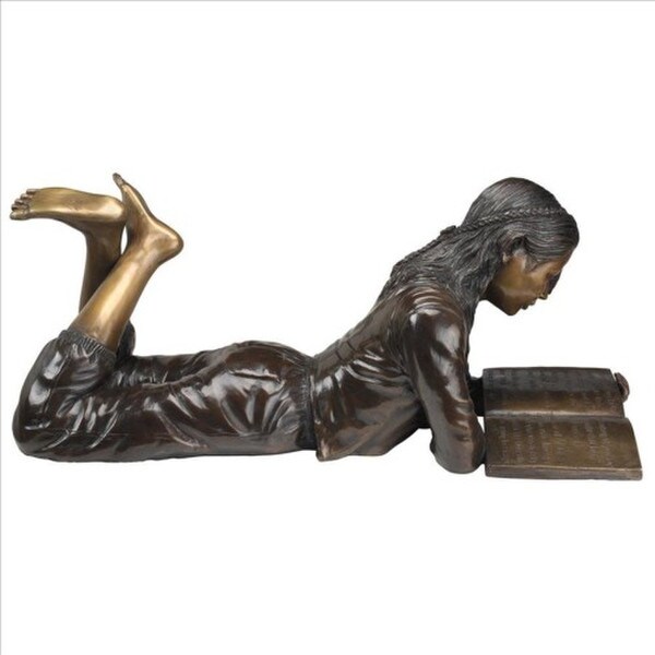Young Scholar Reading Girl Bronze Statue Side View of Sculpture Learning